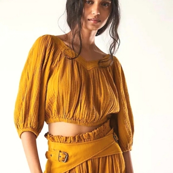 Free People Lou Lou Set Golden Syrup Puff Top Buckle Pants - Picture 3 of 6